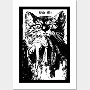 Bite Me Gothic Cat Black Halloween Horror Cult Shirt Mug Tapestry Sticker Pin + More Posters and Art